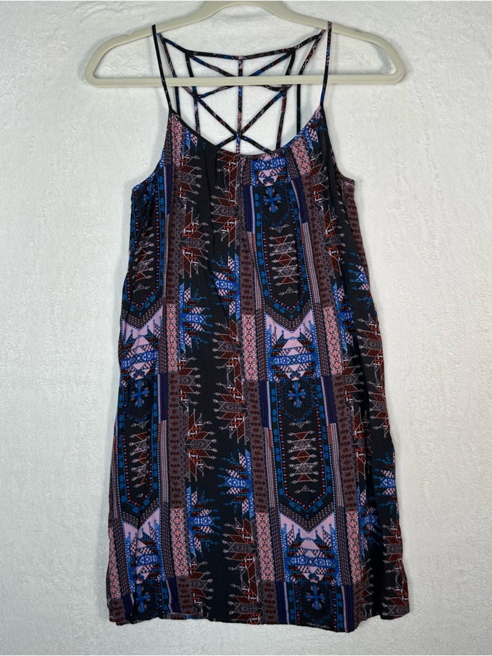 Sun & Shadow Boho Tribal Print Mini Dress XS Strappy Caged Back Festival Indie